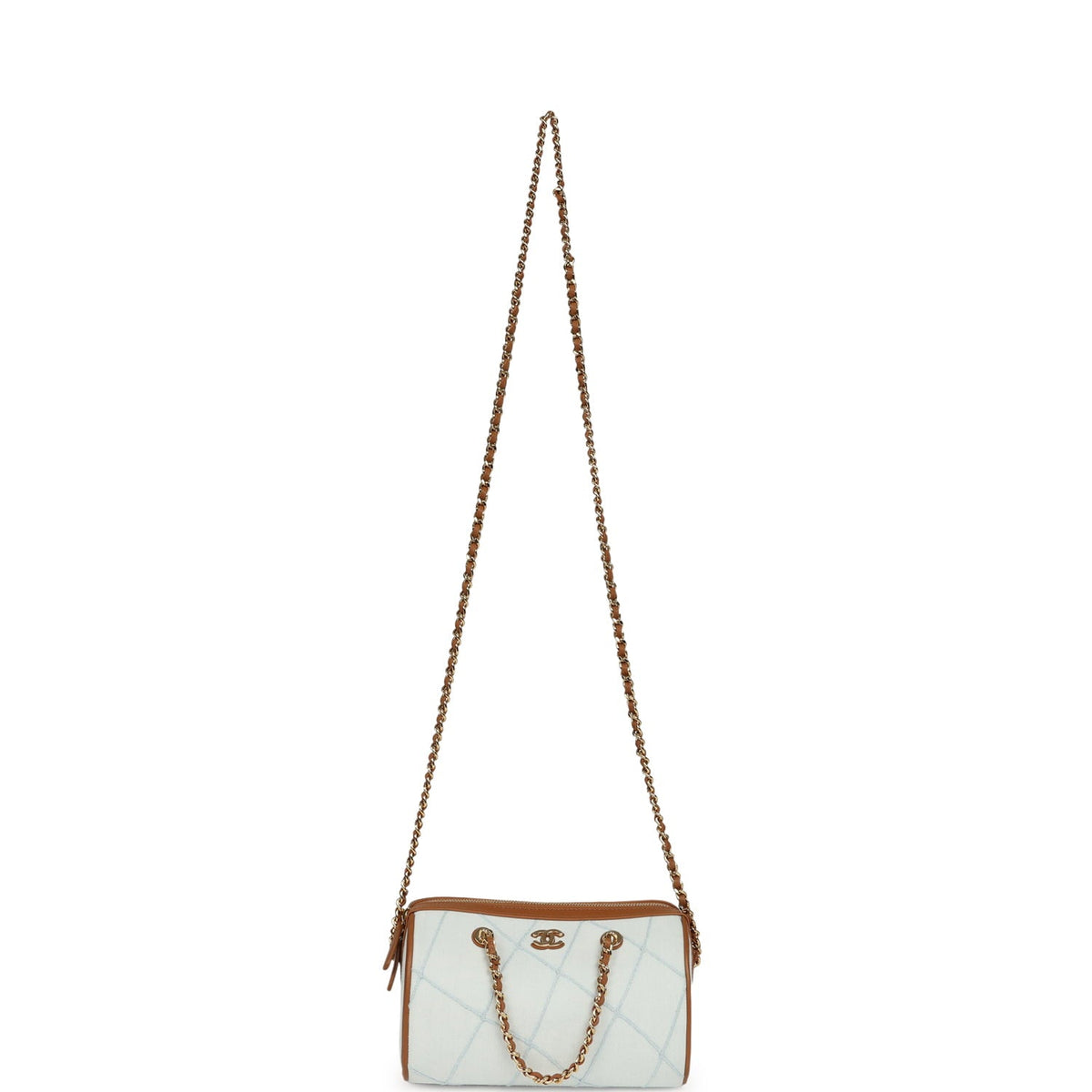 Chanel Coco Beach Mini Timeless Classic Barrel Bag with Chain Light Blue Denim and Brown Calfskin Gold Hardware