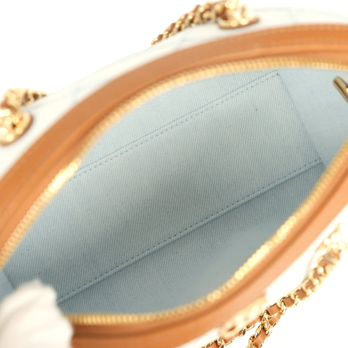 Chanel Coco Beach Mini Timeless Classic Barrel Bag with Chain Light Blue Denim and Brown Calfskin Gold Hardware
