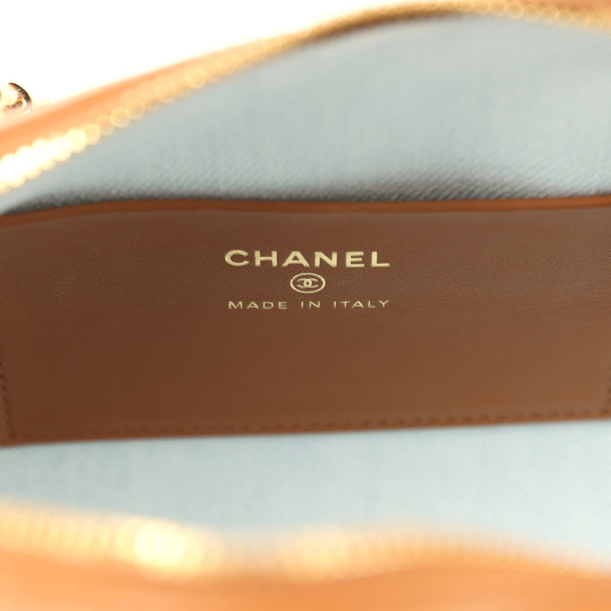 Chanel Coco Beach Mini Timeless Classic Barrel Bag with Chain Light Blue Denim and Brown Calfskin Gold Hardware