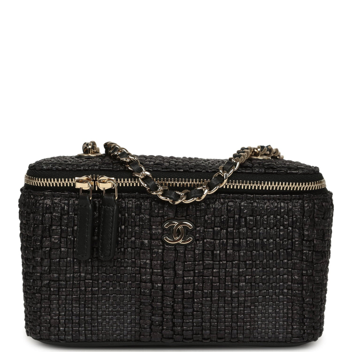 Chanel Small Vanity Case Black Raffia Light Gold Hardware