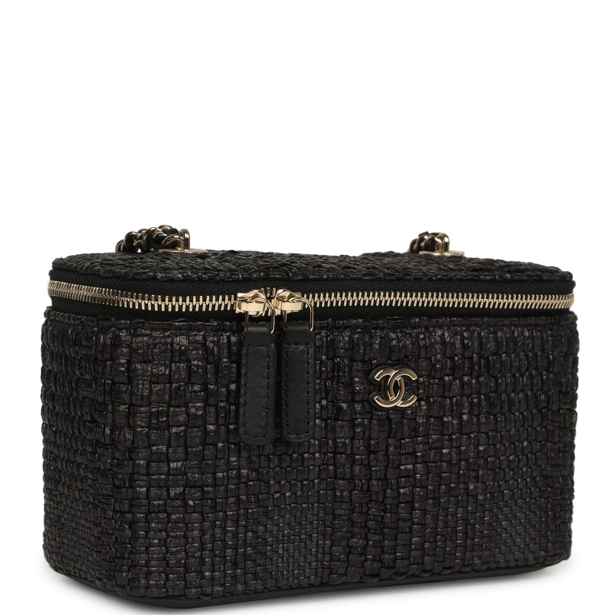 Chanel Small Vanity Case Black Raffia Light Gold Hardware