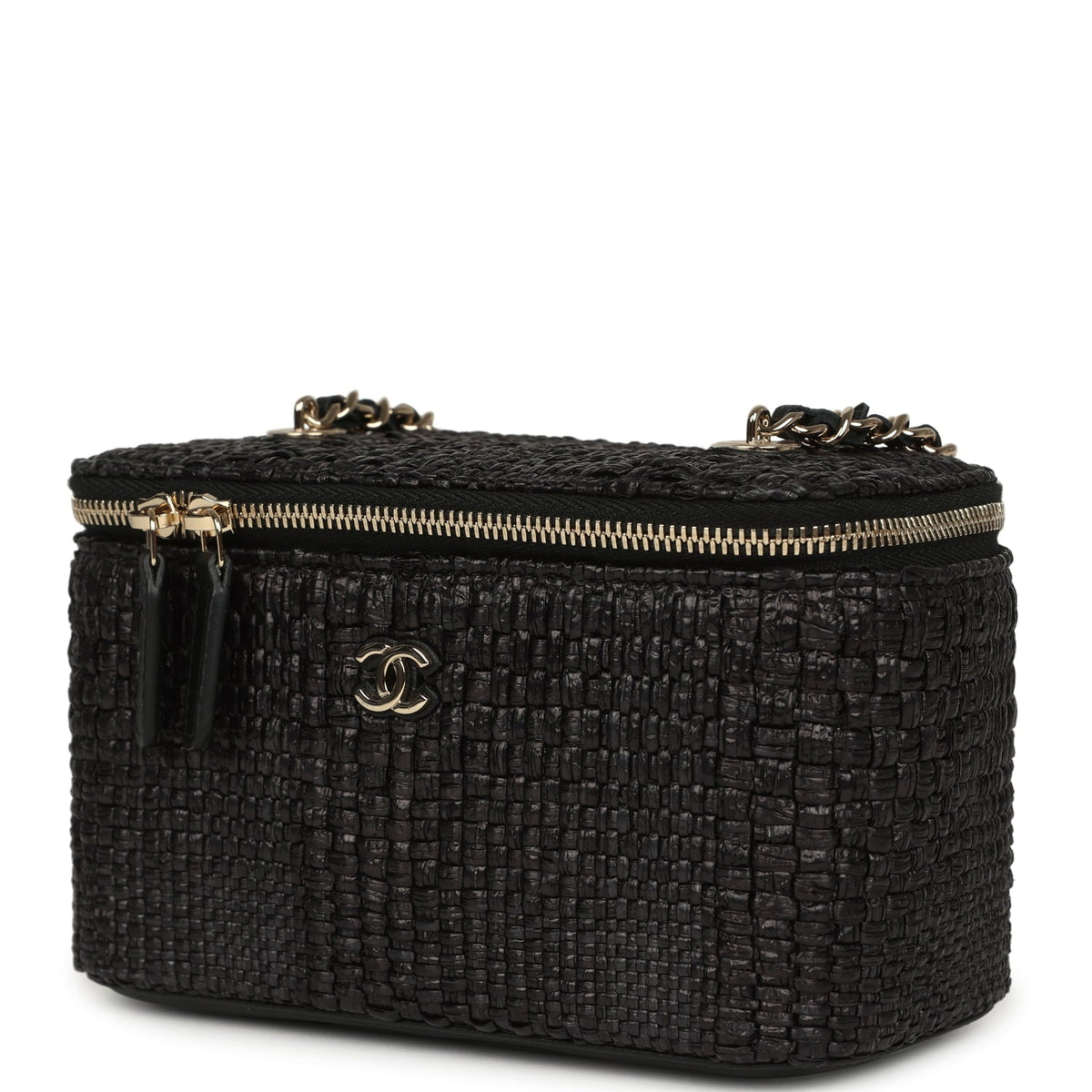 Chanel Small Vanity Case Black Raffia Light Gold Hardware