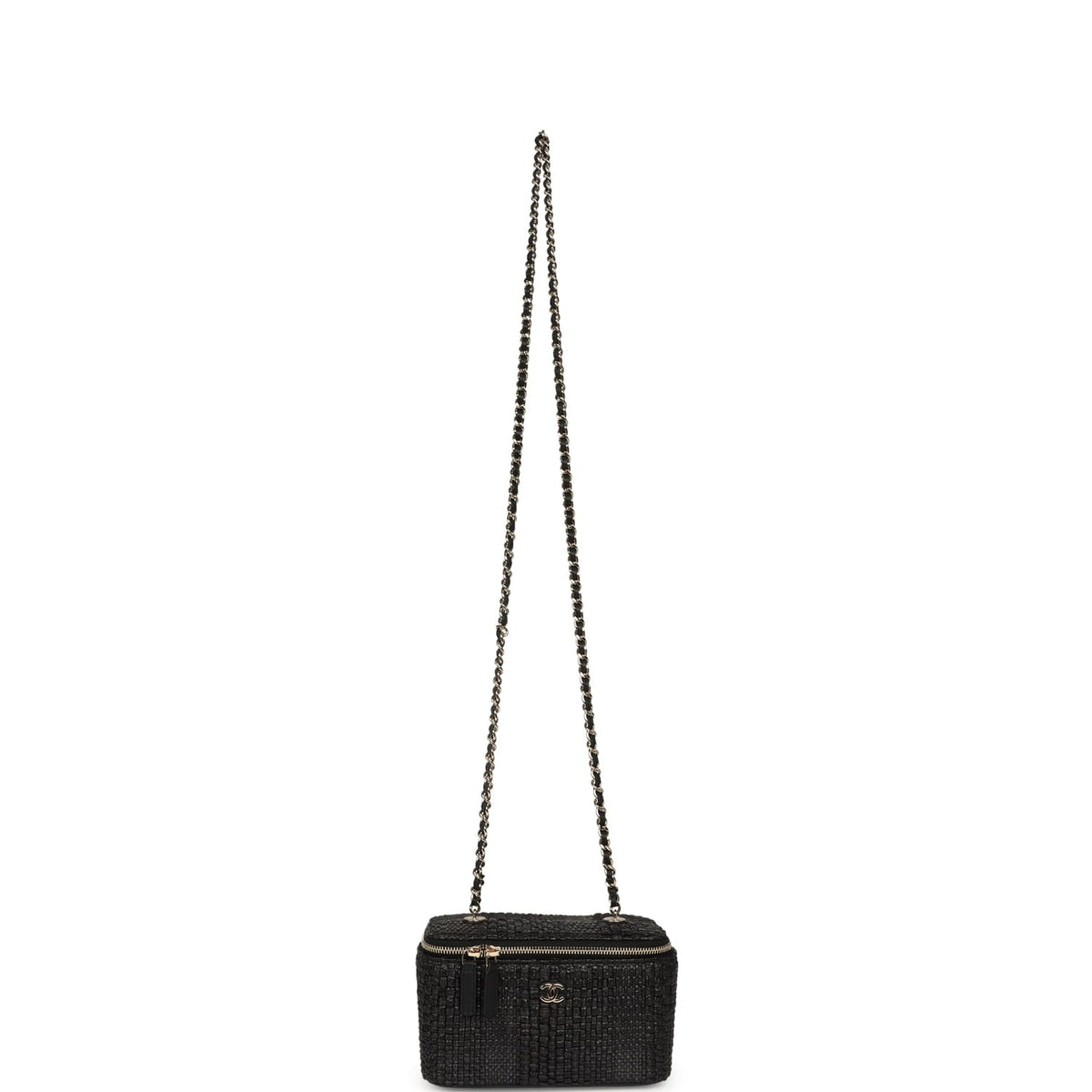 Chanel Small Vanity Case Black Raffia Light Gold Hardware