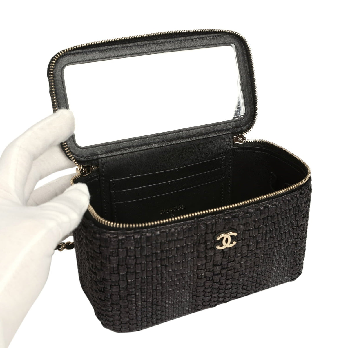 Chanel Small Vanity Case Black Raffia Light Gold Hardware