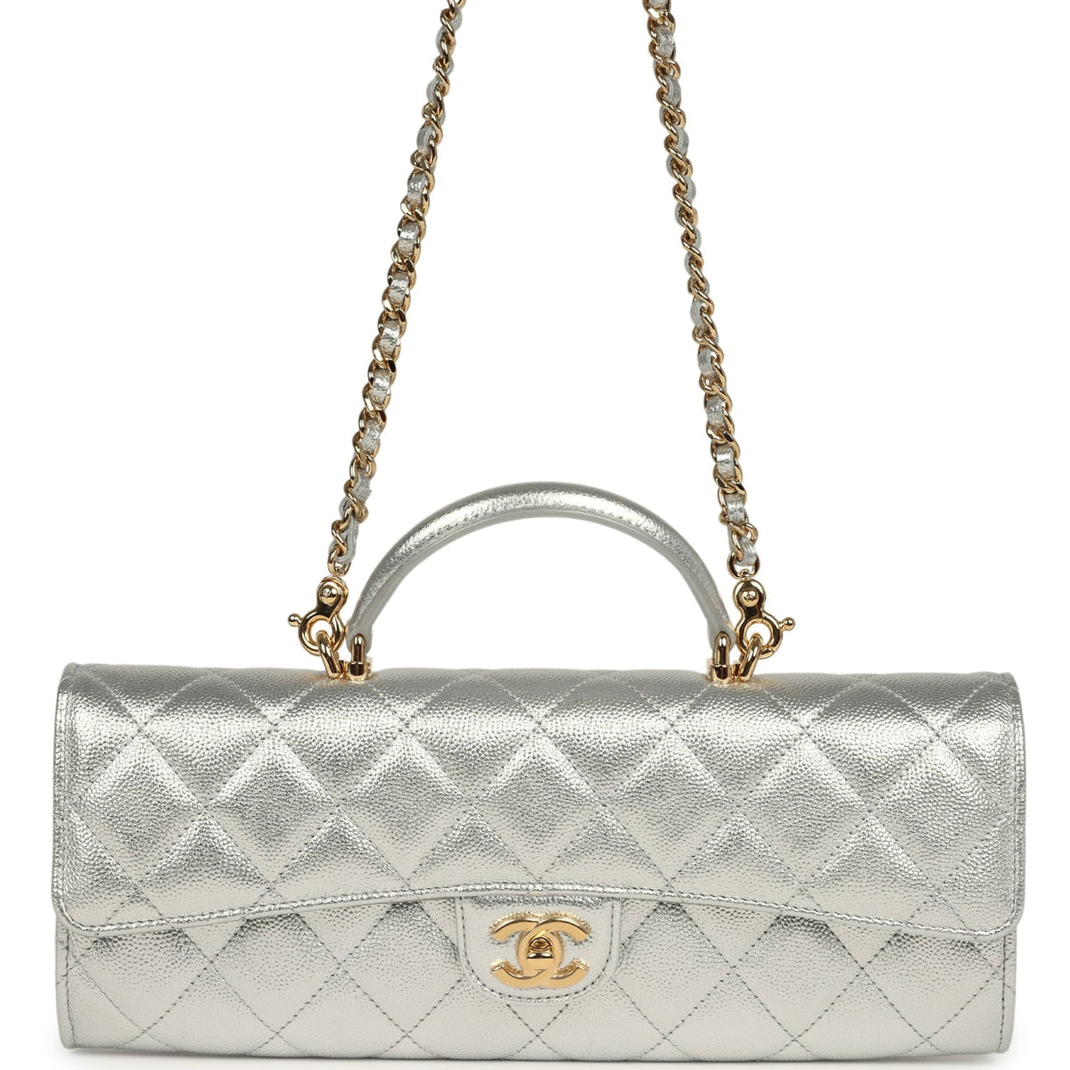 Chanel Long Top Handle Clutch with Chain Metallic Silver Caviar Gold Hardware