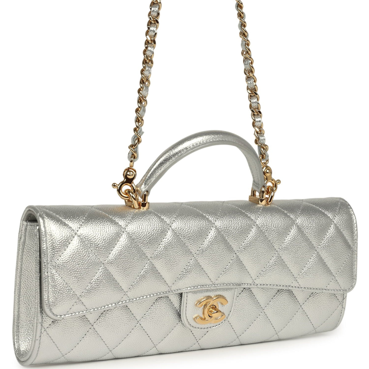 Chanel Long Top Handle Clutch with Chain Metallic Silver Caviar Gold Hardware