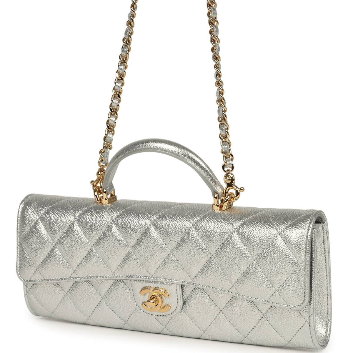 Chanel Long Top Handle Clutch with Chain Metallic Silver Caviar Gold Hardware