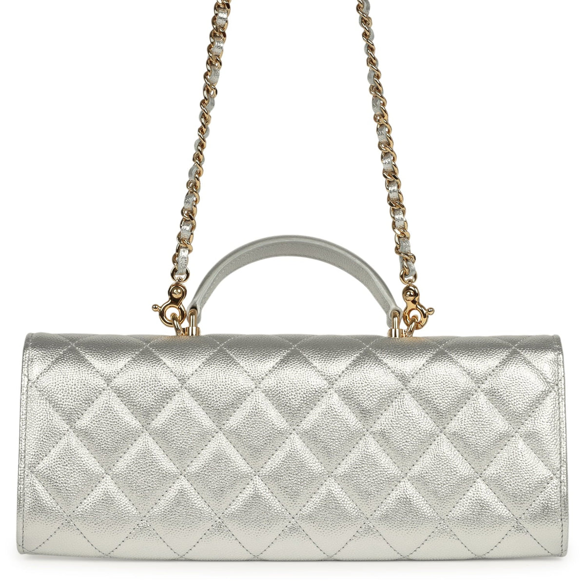 Chanel Long Top Handle Clutch with Chain Metallic Silver Caviar Gold Hardware