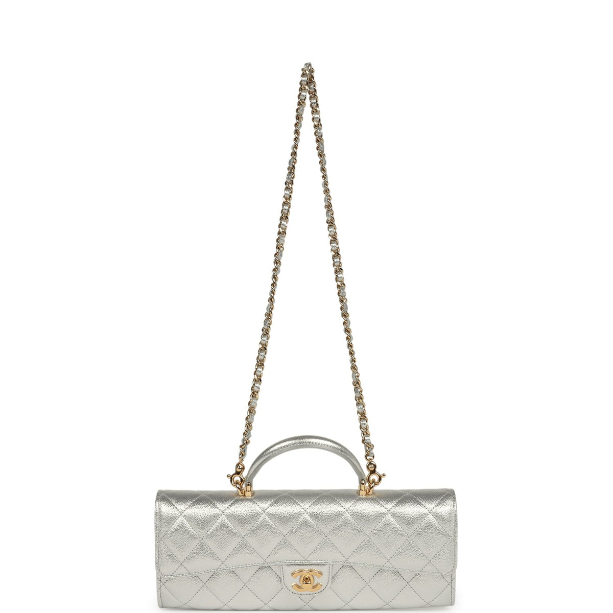 Chanel Long Top Handle Clutch with Chain Metallic Silver Caviar Gold Hardware