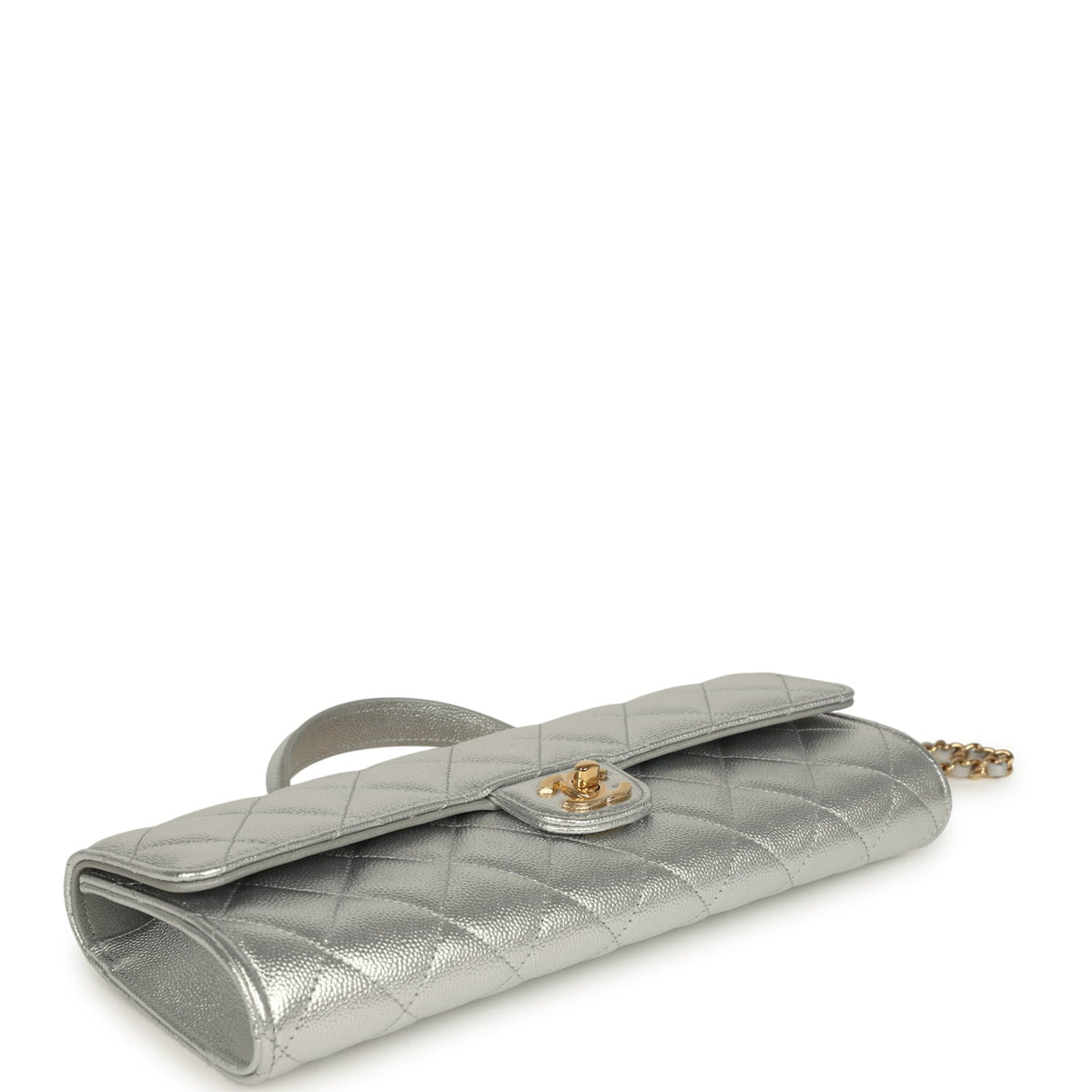 Chanel Long Top Handle Clutch with Chain Metallic Silver Caviar Gold Hardware