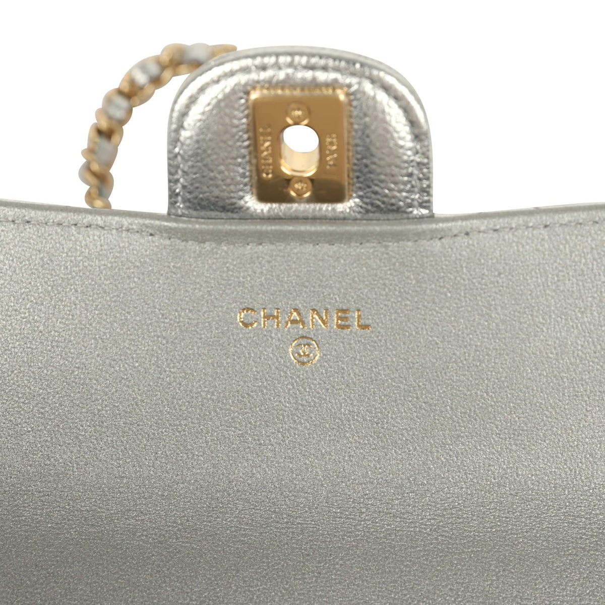Chanel Long Top Handle Clutch with Chain Metallic Silver Caviar Gold Hardware