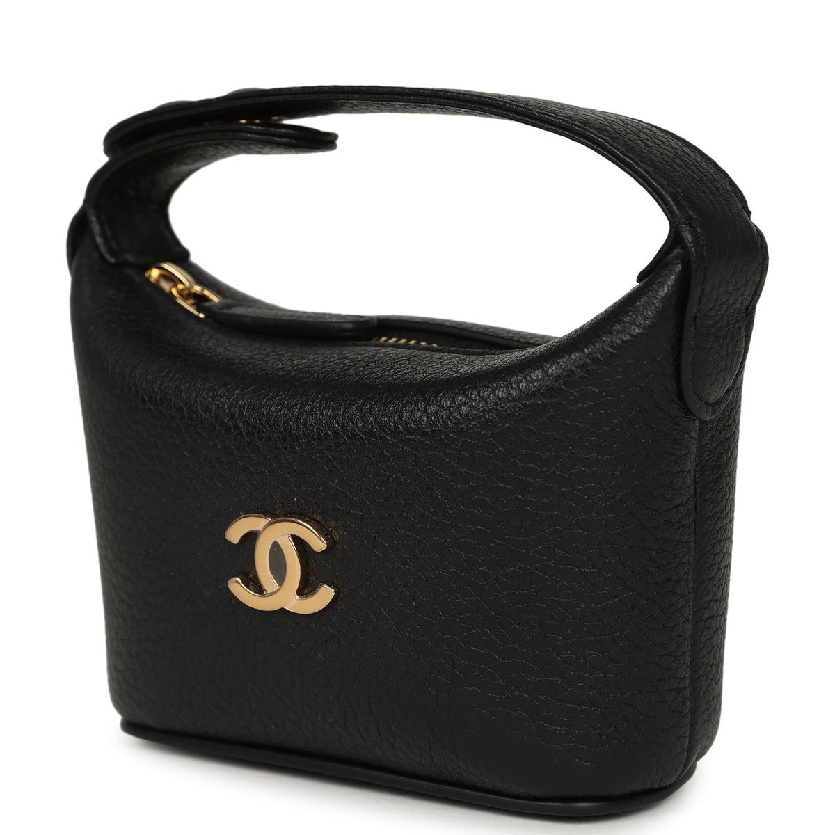Chanel Micro Top Handle Round Hobo Pouch Black Grained Calfskin Gold Hardware