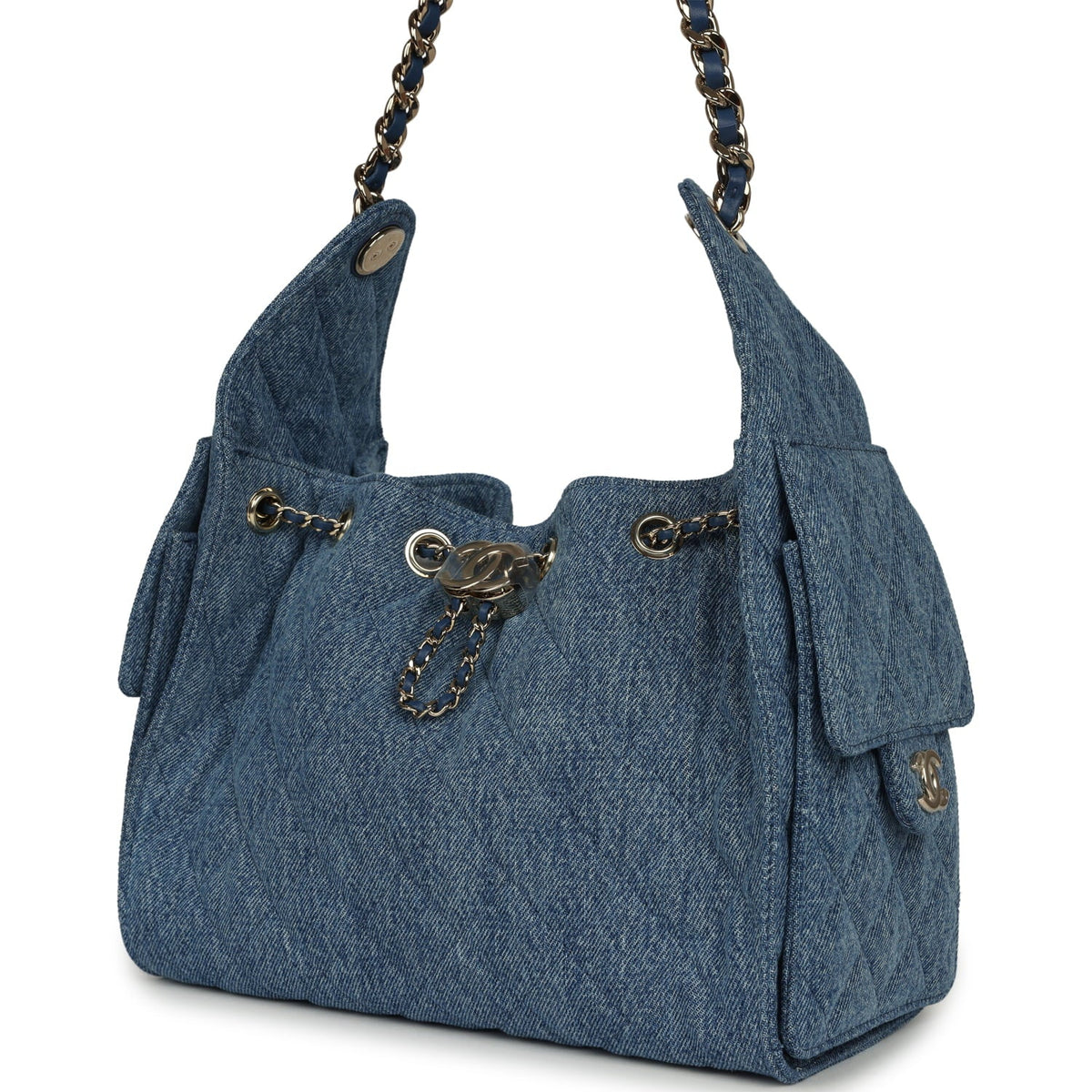 Chanel Small 25 Hobo Bag Blue Washed Denim Light Gold Hardware