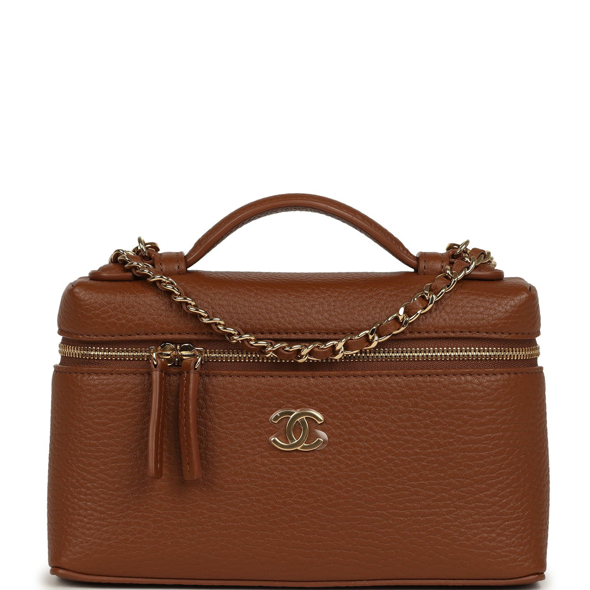 Chanel "Supple" Top Handle Long Vanity Case with Chain Camel Grained Calfskin Gold Hardware