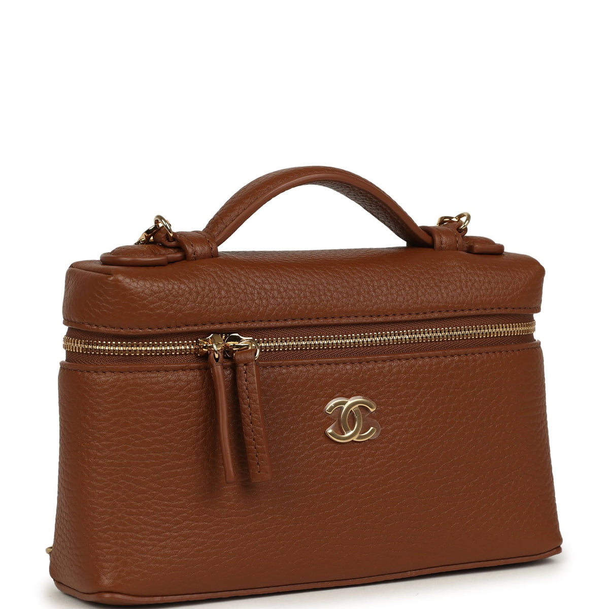 Chanel "Supple" Top Handle Long Vanity Case with Chain Camel Grained Calfskin Gold Hardware