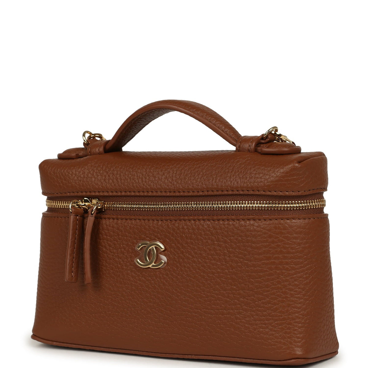 Chanel "Supple" Top Handle Long Vanity Case with Chain Camel Grained Calfskin Gold Hardware