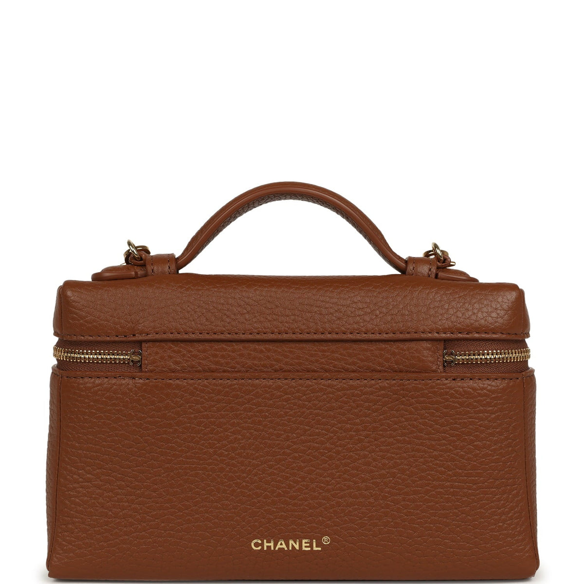 Chanel "Supple" Top Handle Long Vanity Case with Chain Camel Grained Calfskin Gold Hardware