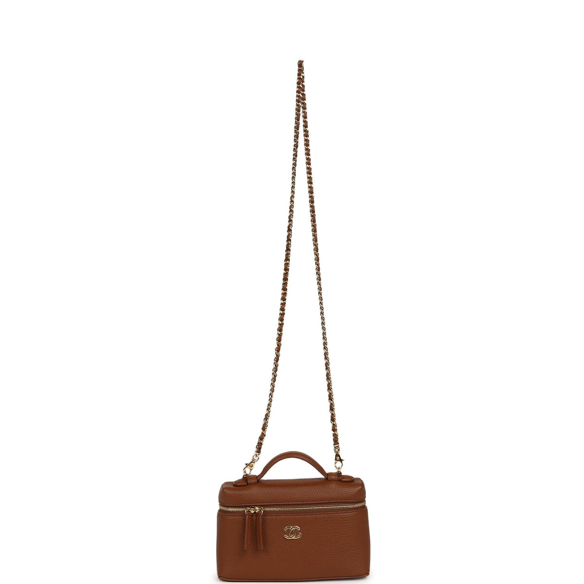 Chanel "Supple" Top Handle Long Vanity Case with Chain Camel Grained Calfskin Gold Hardware