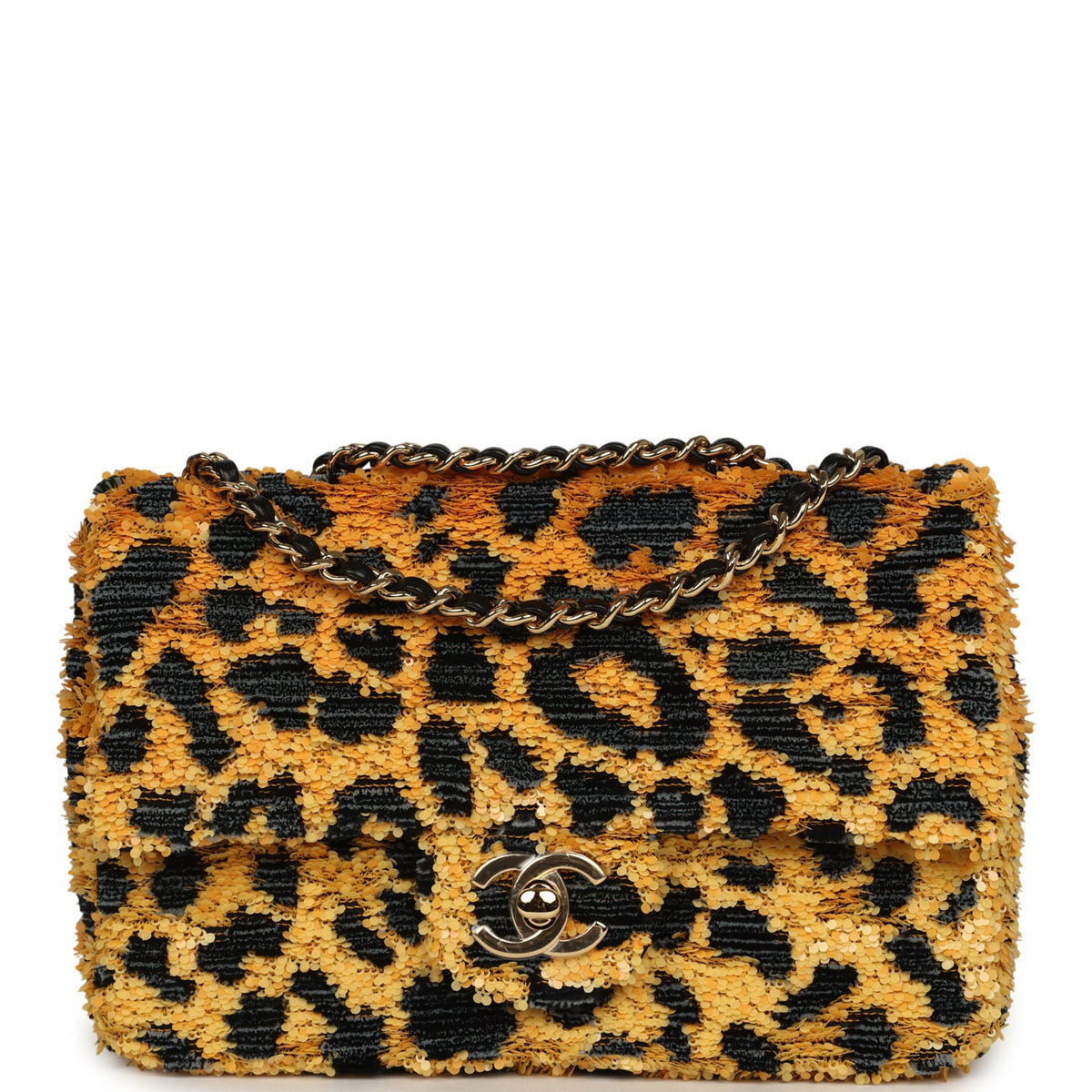 Chanel Mini Cheetah Print Flap Bag Orange, Black Sequin Gold Hardware