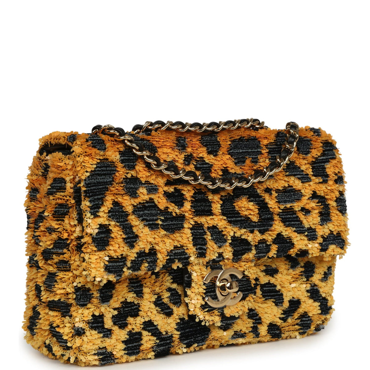Chanel Mini Cheetah Print Flap Bag Orange, Black Sequin Gold Hardware
