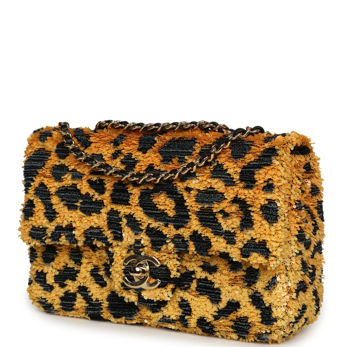 Chanel Mini Cheetah Print Flap Bag Orange, Black Sequin Gold Hardware
