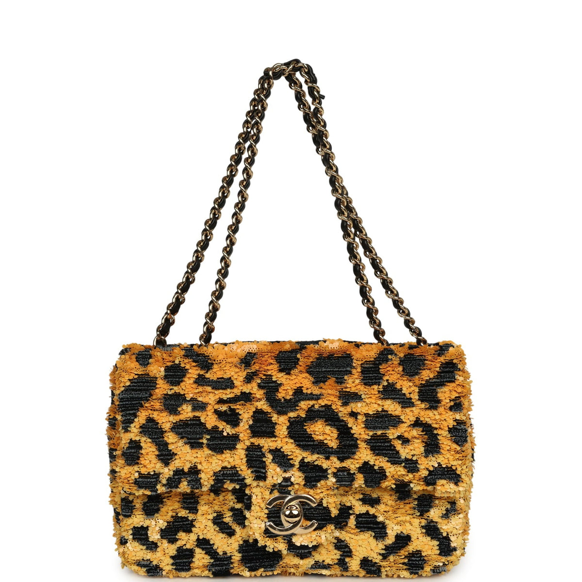 Chanel Mini Cheetah Print Flap Bag Orange, Black Sequin Gold Hardware