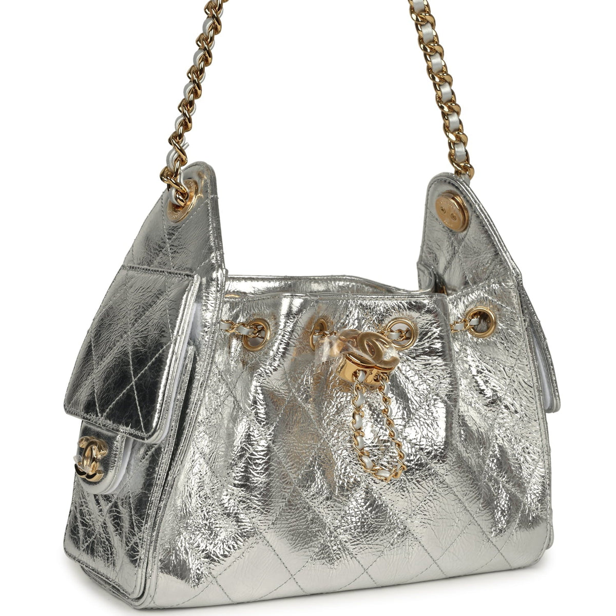 Chanel Mini 25 Hobo Bag Metallic Silver Caviar Gold Hardware