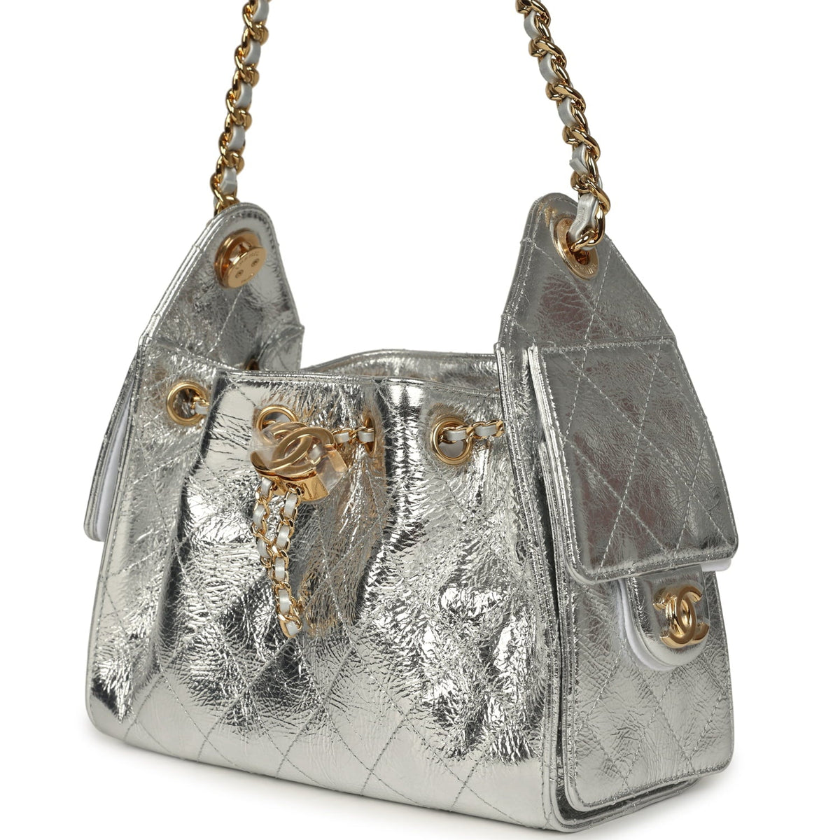 Chanel Mini 25 Hobo Bag Metallic Silver Caviar Gold Hardware