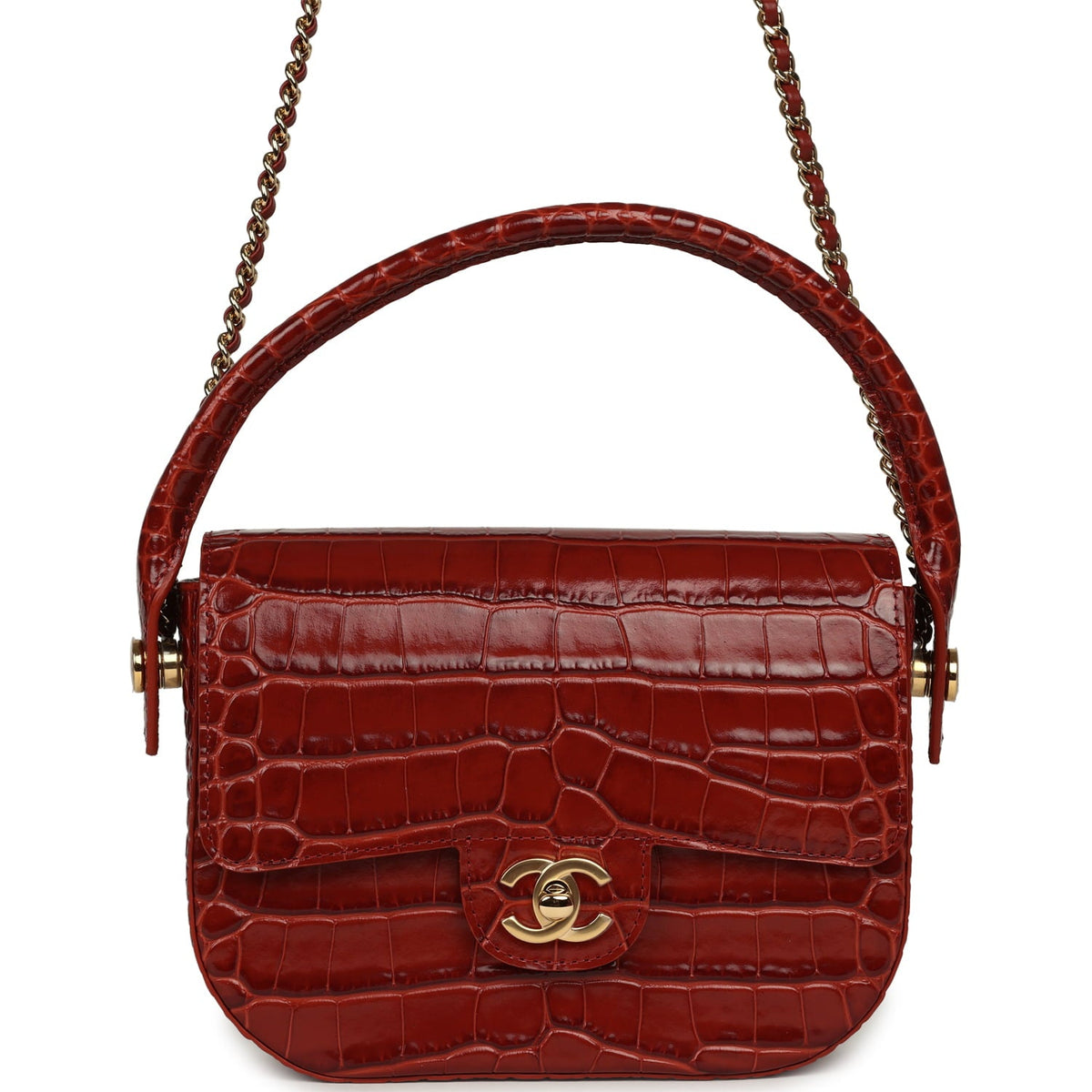 Chanel Mini Top Handle "Turn Around" Flap Bag Burgundy Croc Embossed Calfskin Gold Hardware
