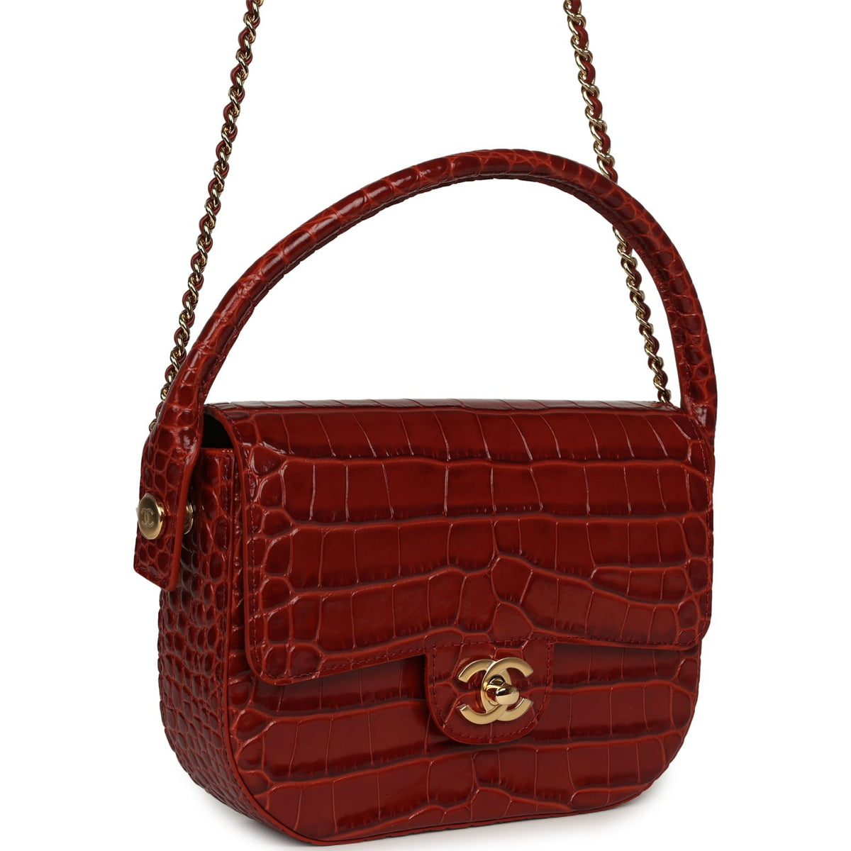 Chanel Mini Top Handle "Turn Around" Flap Bag Burgundy Croc Embossed Calfskin Gold Hardware
