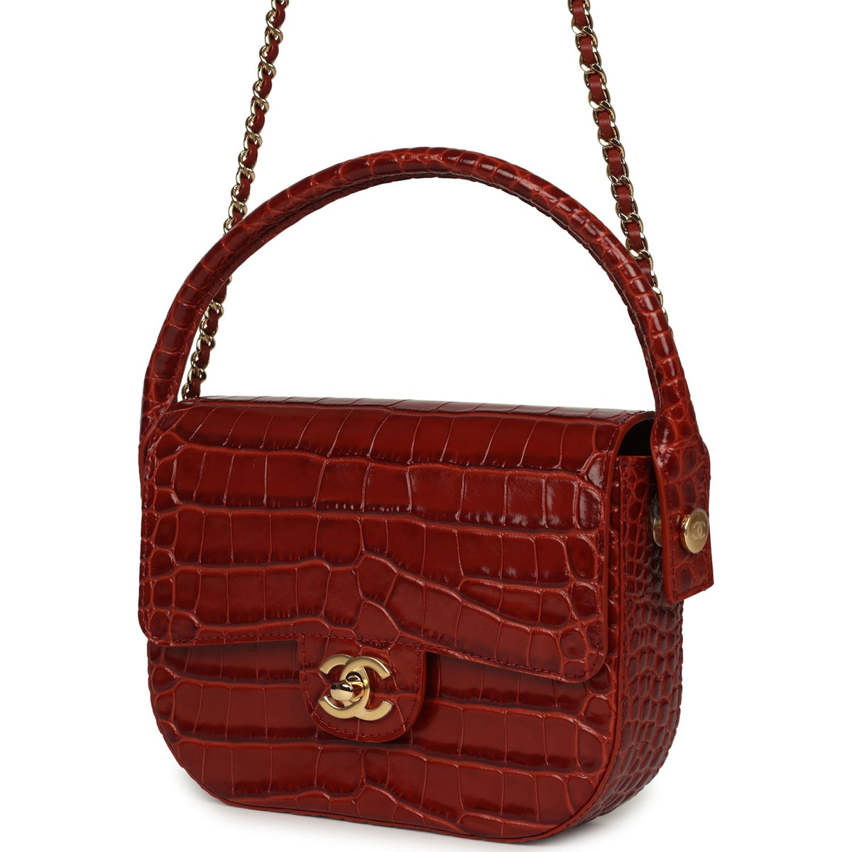 Chanel Mini Top Handle "Turn Around" Flap Bag Burgundy Croc Embossed Calfskin Gold Hardware