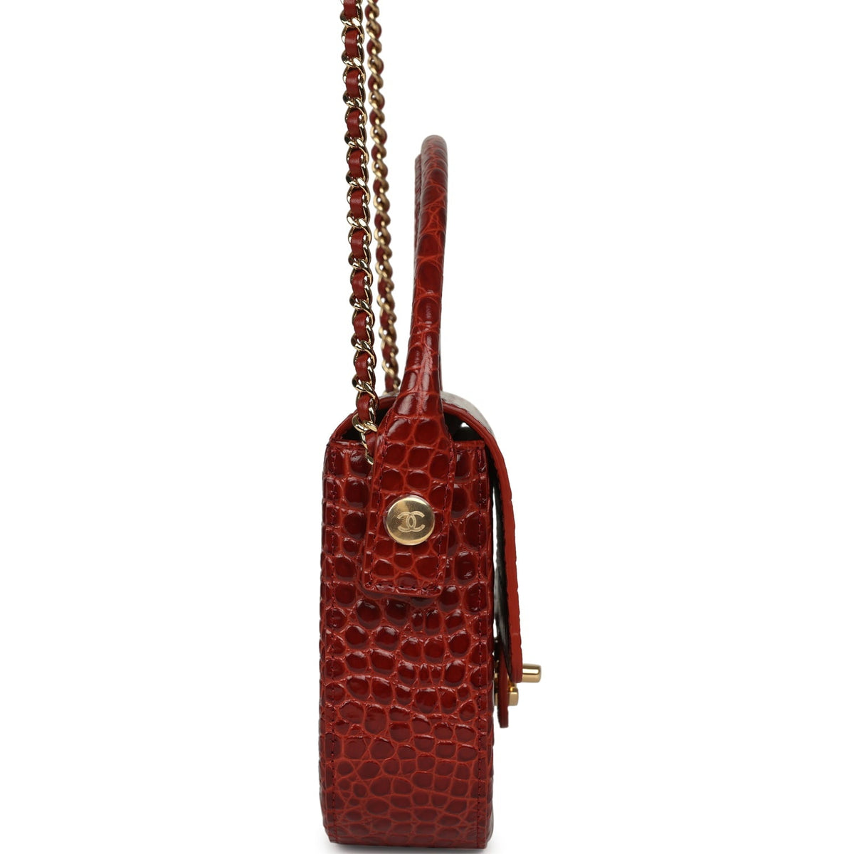 Chanel Mini Top Handle "Turn Around" Flap Bag Burgundy Croc Embossed Calfskin Gold Hardware