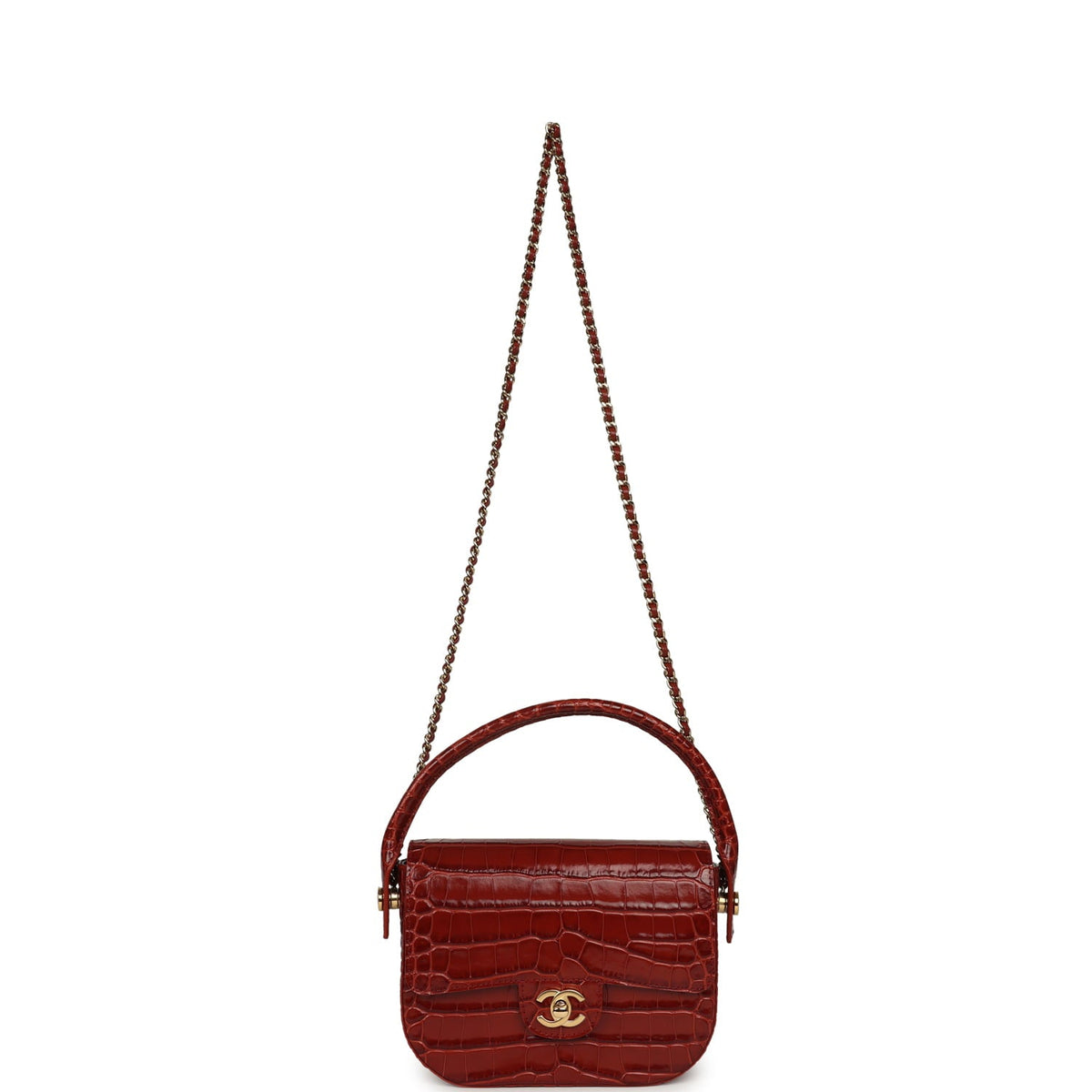 Chanel Mini Top Handle "Turn Around" Flap Bag Burgundy Croc Embossed Calfskin Gold Hardware