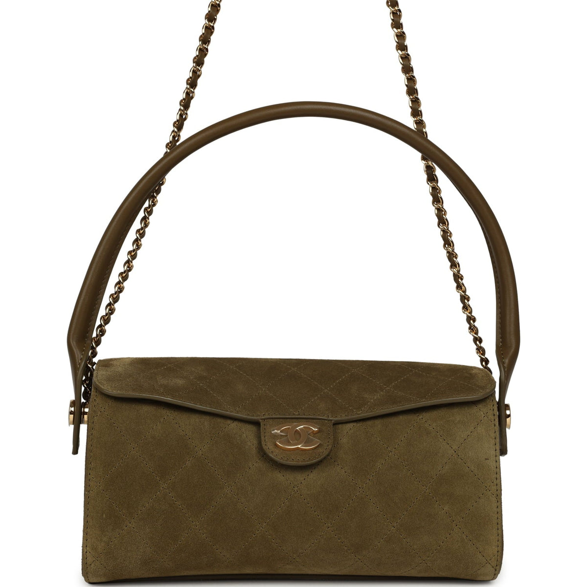 Chanel Barrel Clutch Bag with Chain Dark Khaki Suede and Calfskin Gold Hardware