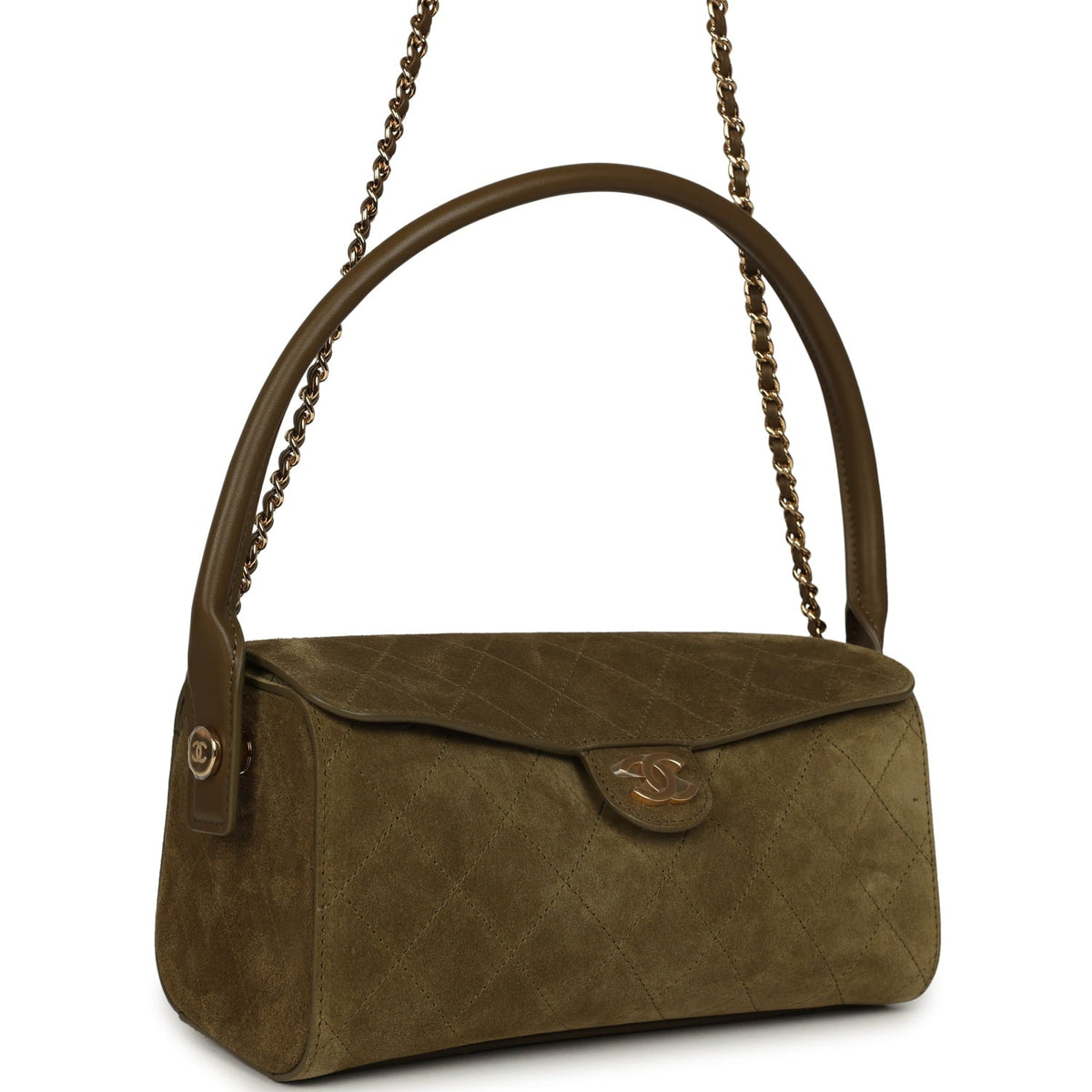Chanel Barrel Clutch Bag with Chain Dark Khaki Suede and Calfskin Gold Hardware