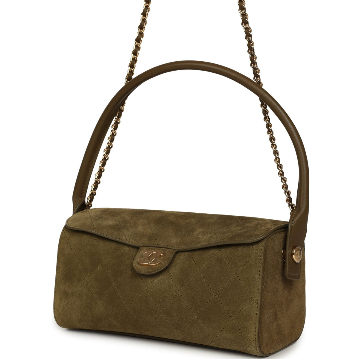 Chanel Barrel Clutch Bag with Chain Dark Khaki Suede and Calfskin Gold Hardware