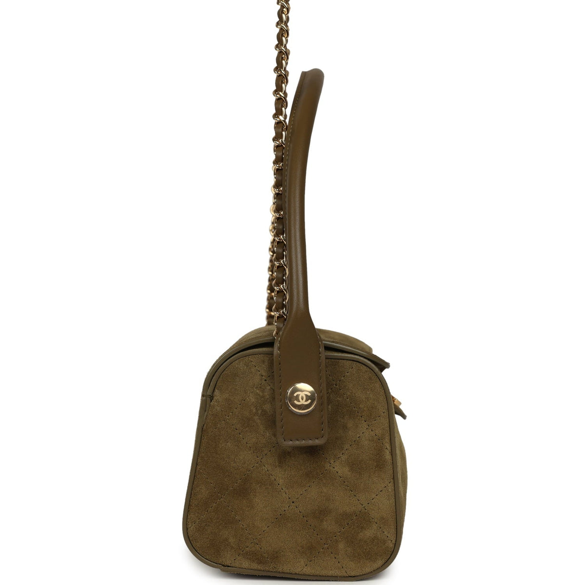 Chanel Barrel Clutch Bag with Chain Dark Khaki Suede and Calfskin Gold Hardware