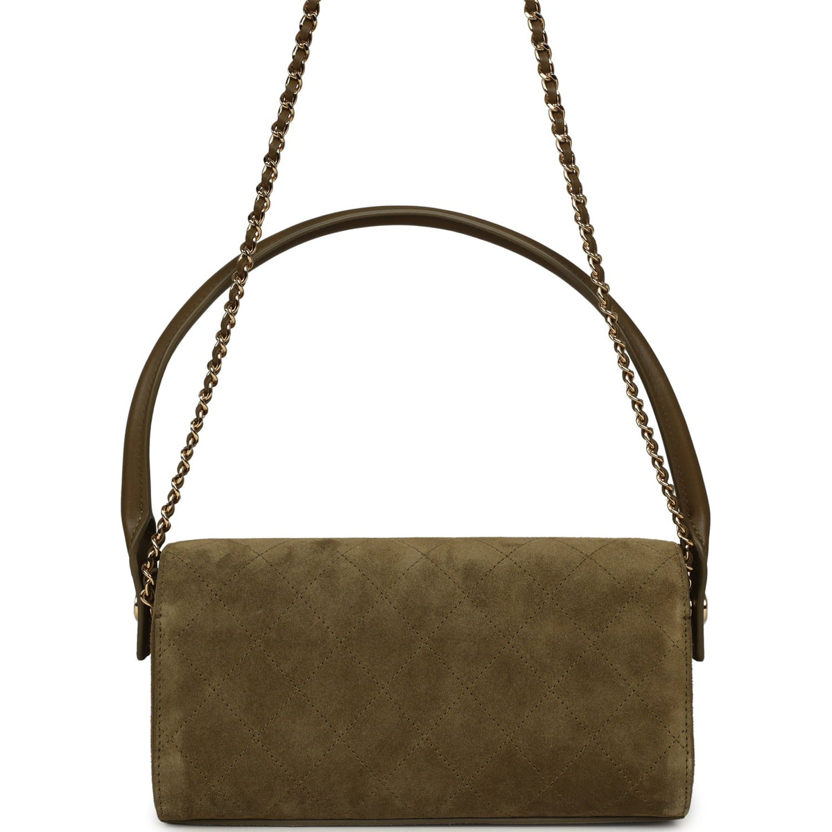 Chanel Barrel Clutch Bag with Chain Dark Khaki Suede and Calfskin Gold Hardware