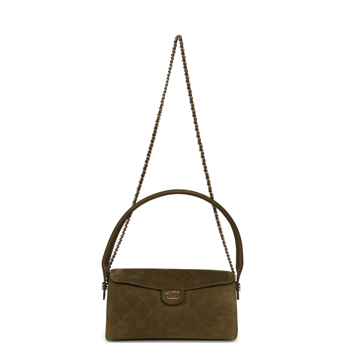 Chanel Barrel Clutch Bag with Chain Dark Khaki Suede and Calfskin Gold Hardware