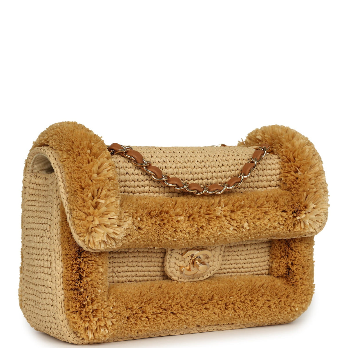 Chanel Medium "Fluffy Raffia" Flap Bag Beige Raffia Gold Hardware