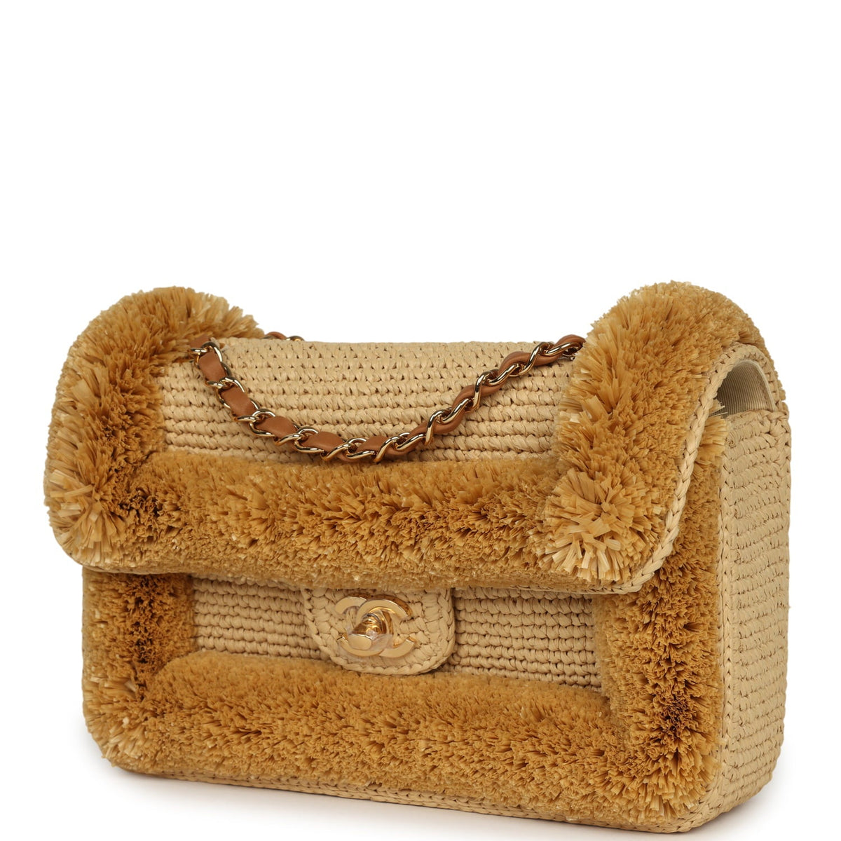 Chanel Medium "Fluffy Raffia" Flap Bag Beige Raffia Gold Hardware