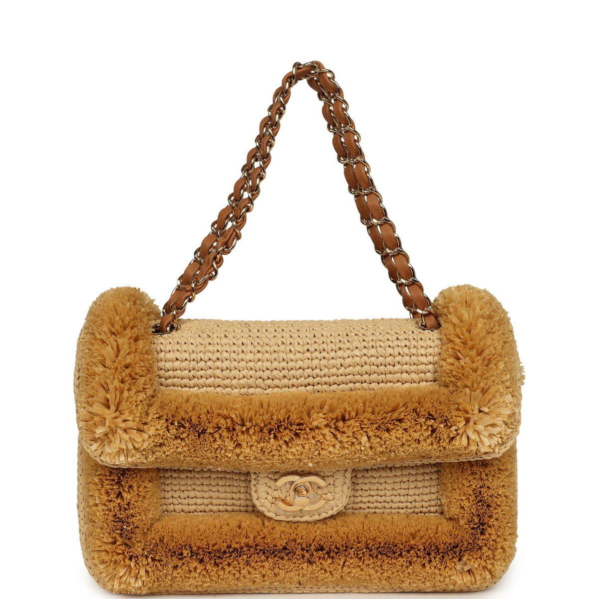 Chanel Medium "Fluffy Raffia" Flap Bag Beige Raffia Gold Hardware