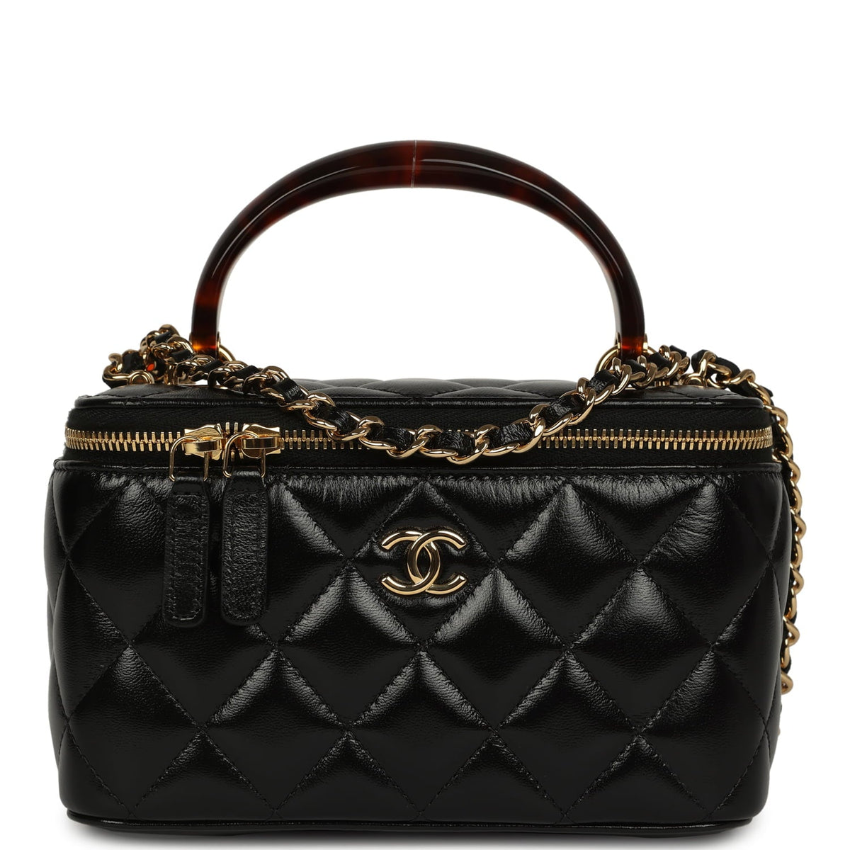 Chanel Small Tortoiseshell Top Handle Vanity Case Black Shiny Lambskin Gold Hardware