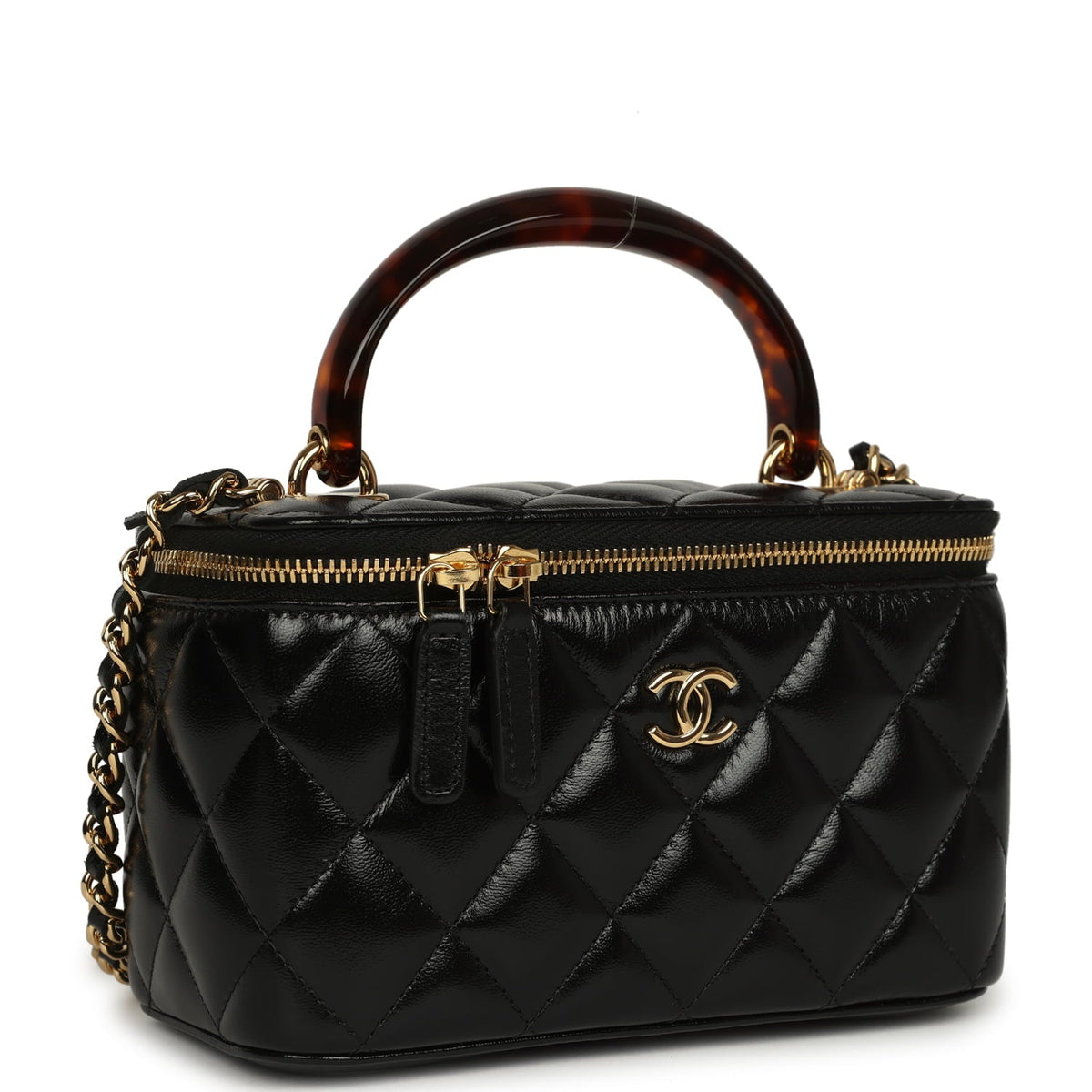 Chanel Small Tortoiseshell Top Handle Vanity Case Black Shiny Lambskin Gold Hardware