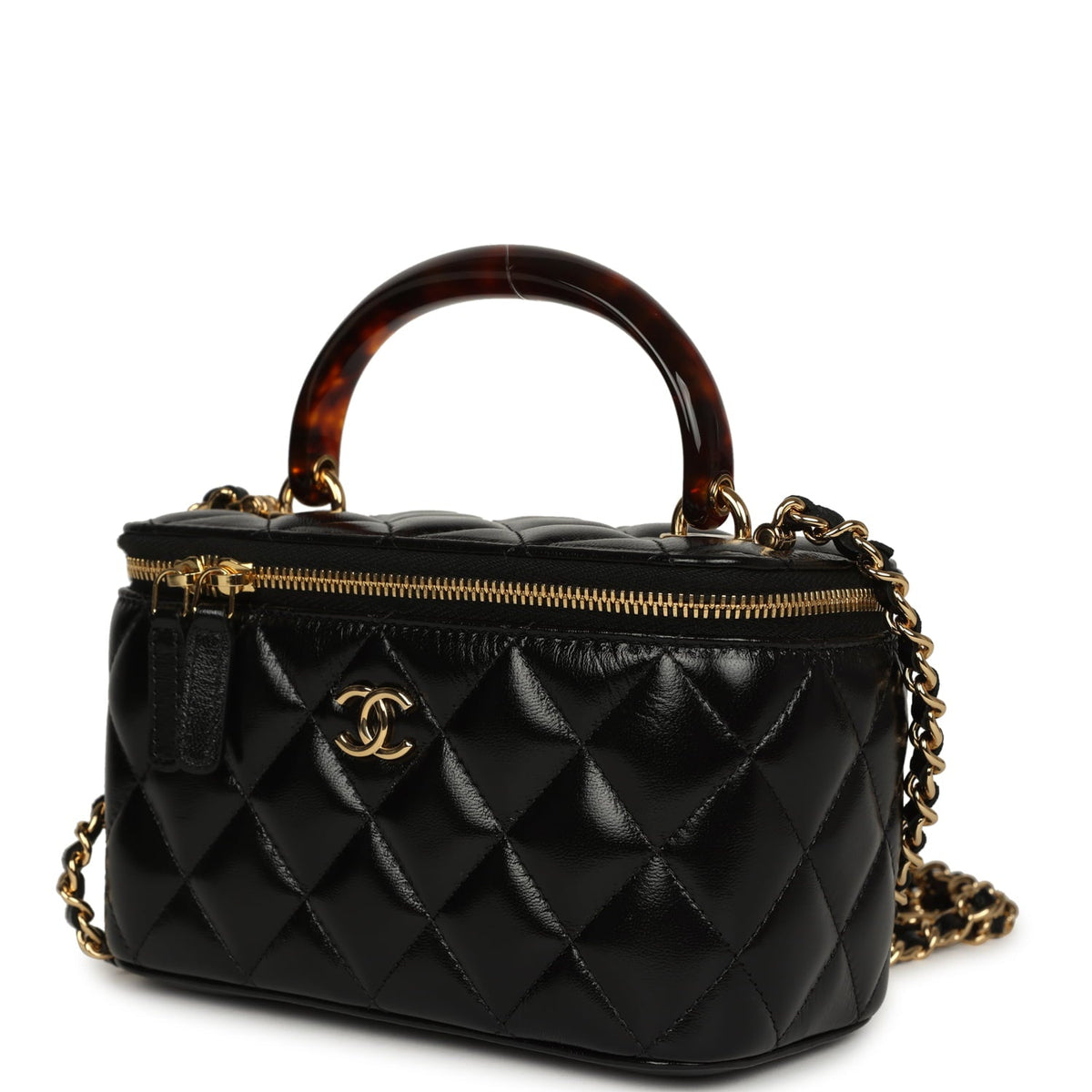 Chanel Small Tortoiseshell Top Handle Vanity Case Black Shiny Lambskin Gold Hardware