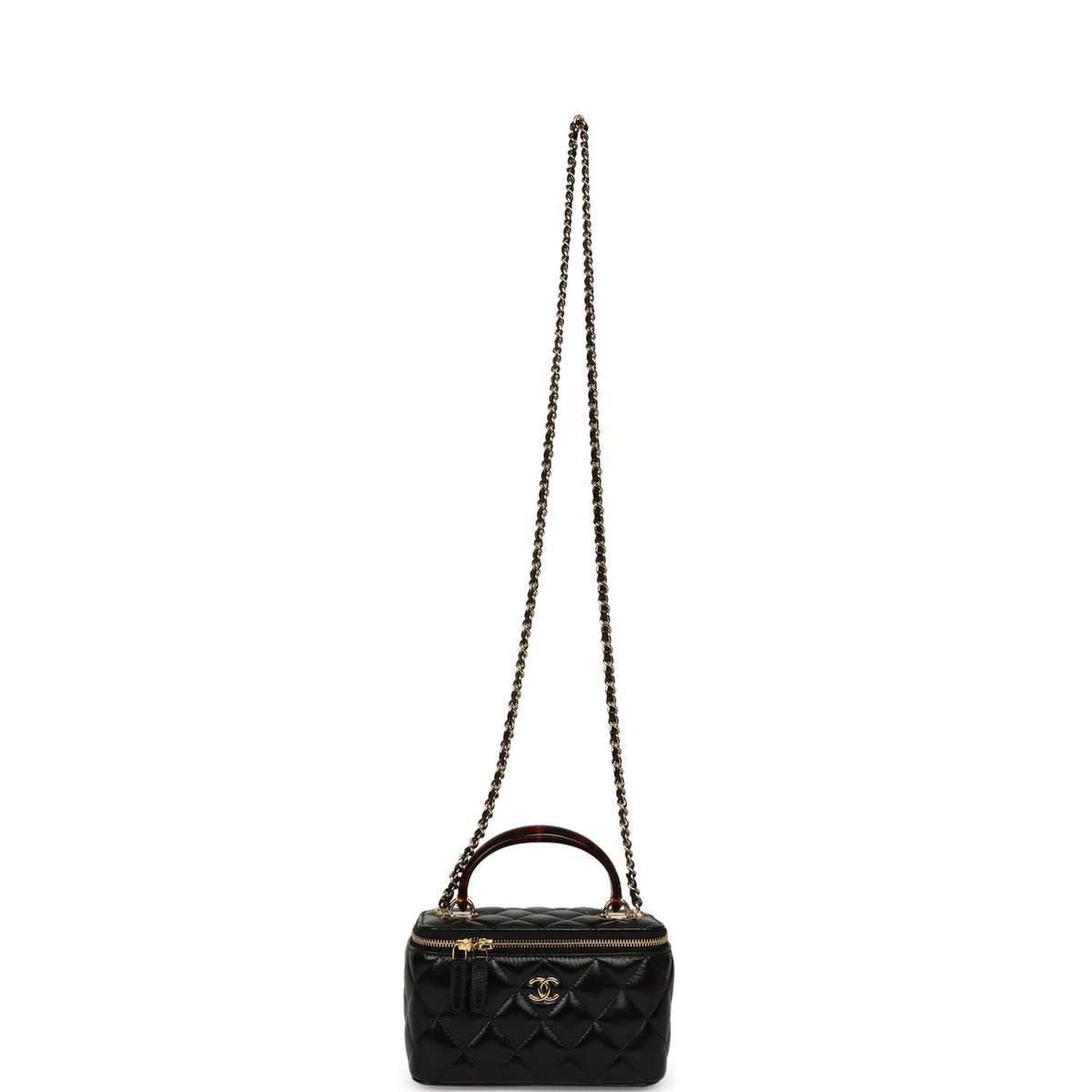 Chanel Small Tortoiseshell Top Handle Vanity Case Black Shiny Lambskin Gold Hardware