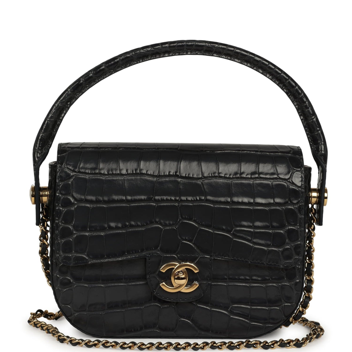 Chanel Mini Top Handle "Turn Around" Flap Dark Grey Croc Embossed Calfskin Gold Hardware