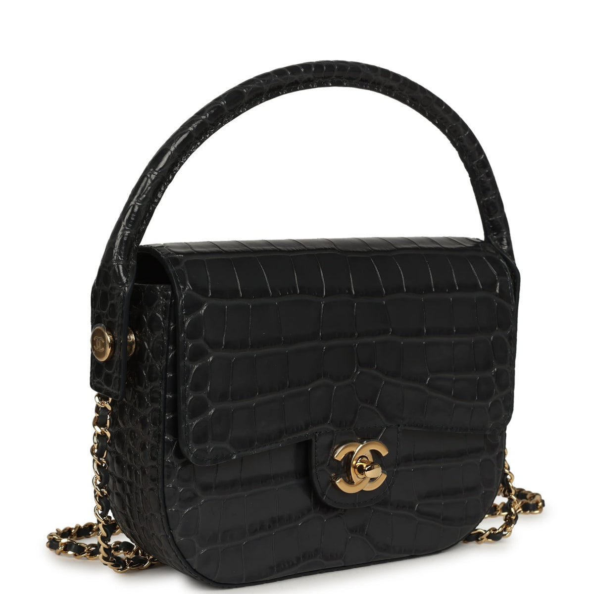Chanel Mini Top Handle "Turn Around" Flap Dark Grey Croc Embossed Calfskin Gold Hardware