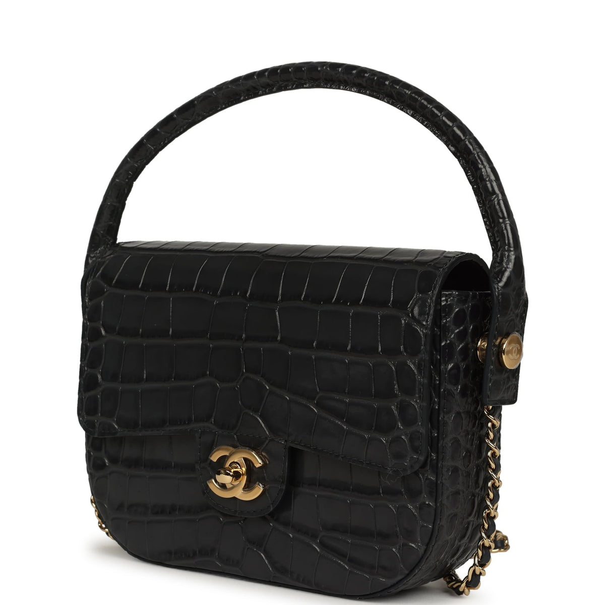 Chanel Mini Top Handle "Turn Around" Flap Dark Grey Croc Embossed Calfskin Gold Hardware