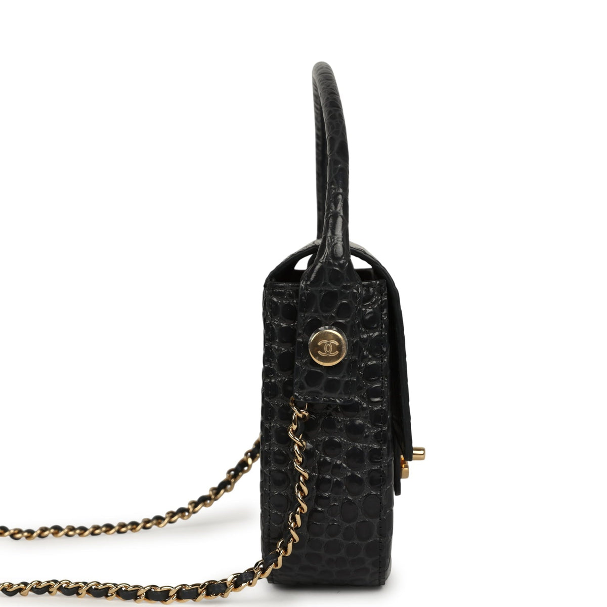 Chanel Mini Top Handle "Turn Around" Flap Dark Grey Croc Embossed Calfskin Gold Hardware